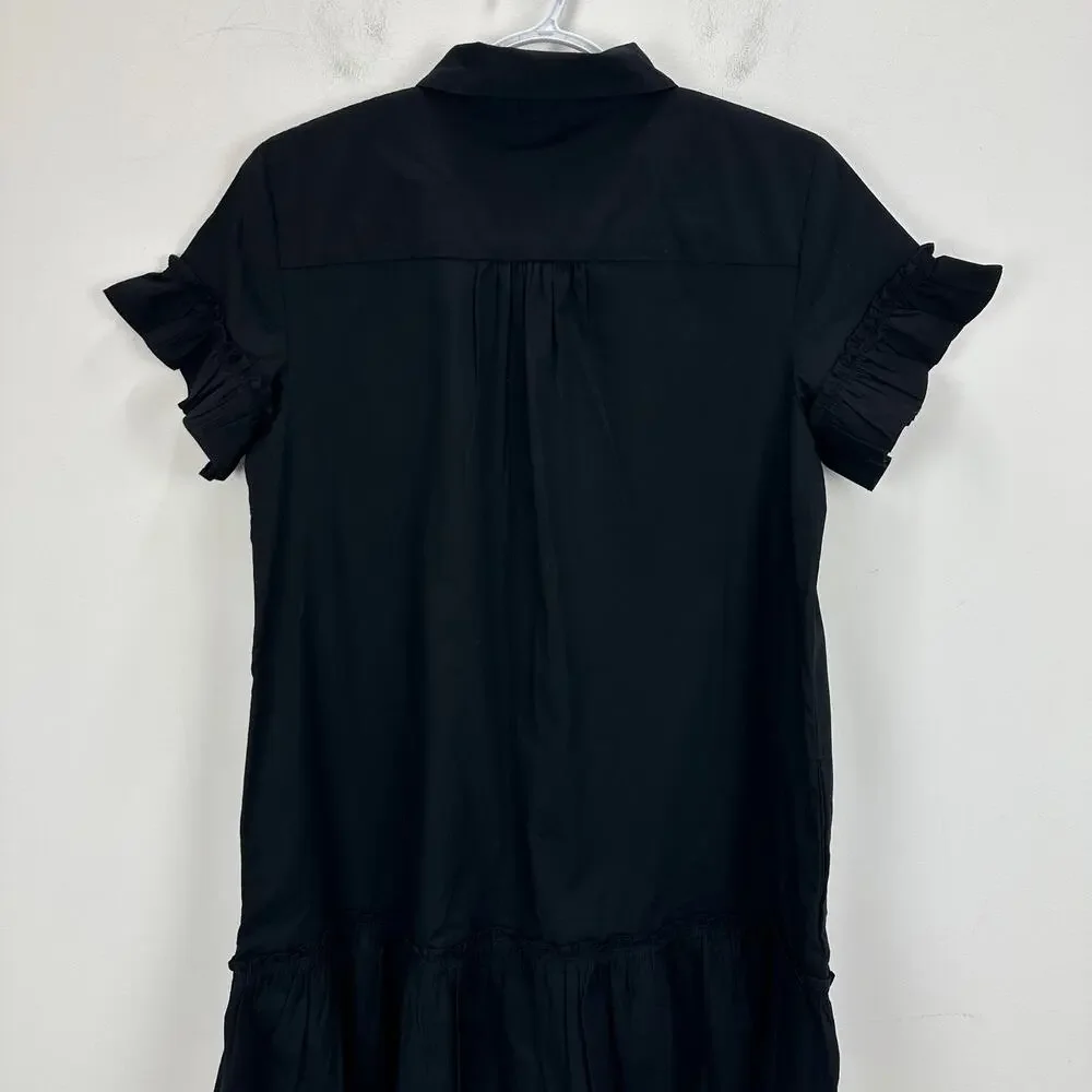 J.Crew Ruffle Sleeve Mini Shirt Dress Cotton Pockets Classic Black US 2 NWT